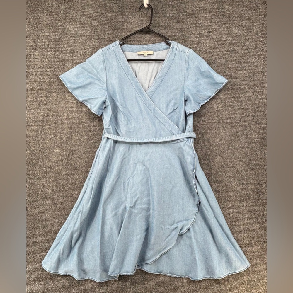 Loft Short Flutter Sleeve Chambray Wrap Dress Mid… - image 1